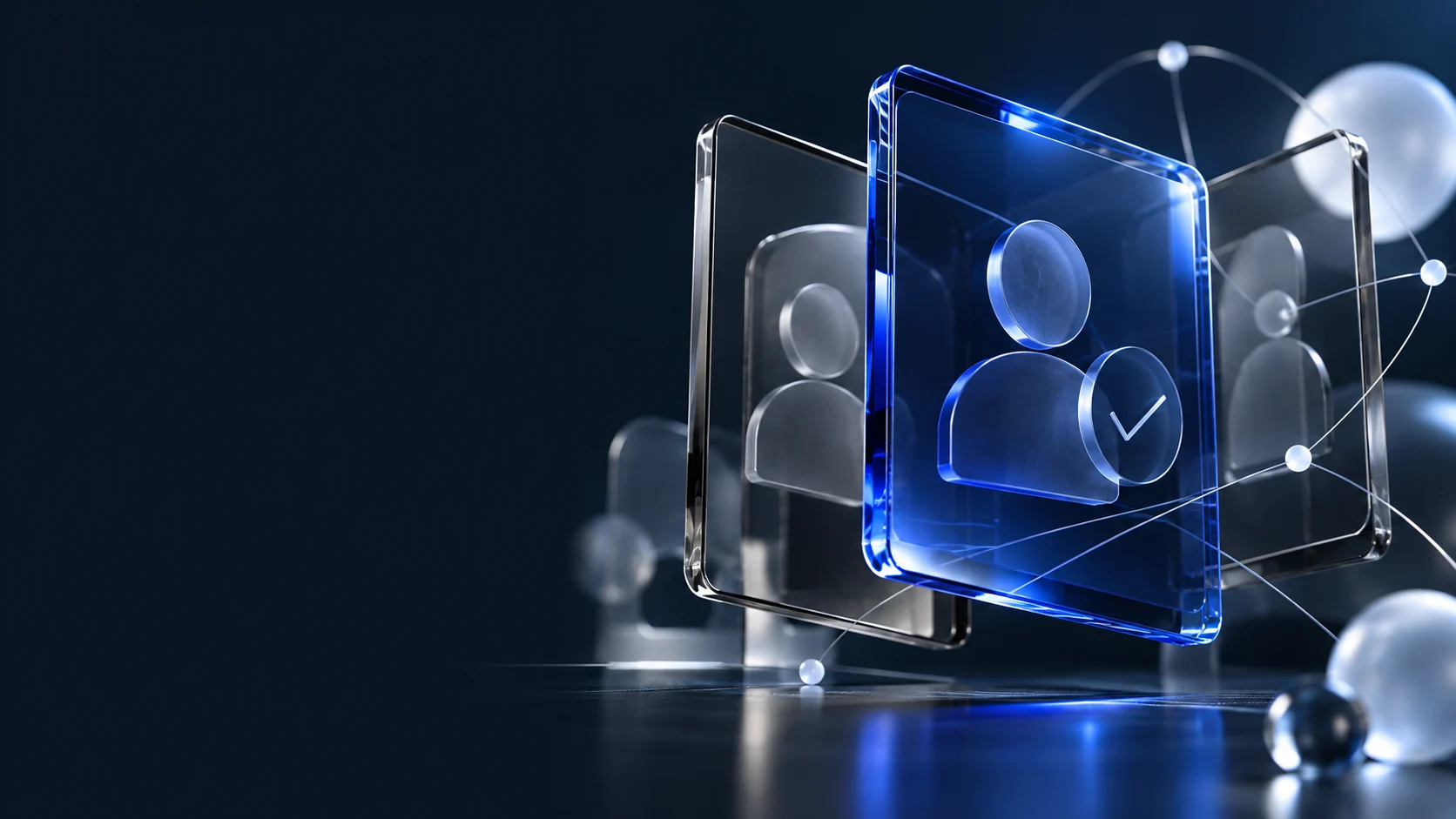 Illustrative glass profile cards separate a verification claim from other profile details.
